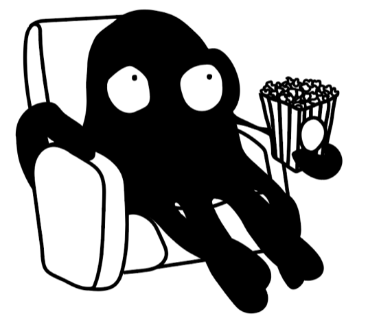 Poulpe assis sur un siège de cinéma, tenant un paquet de pop-corn